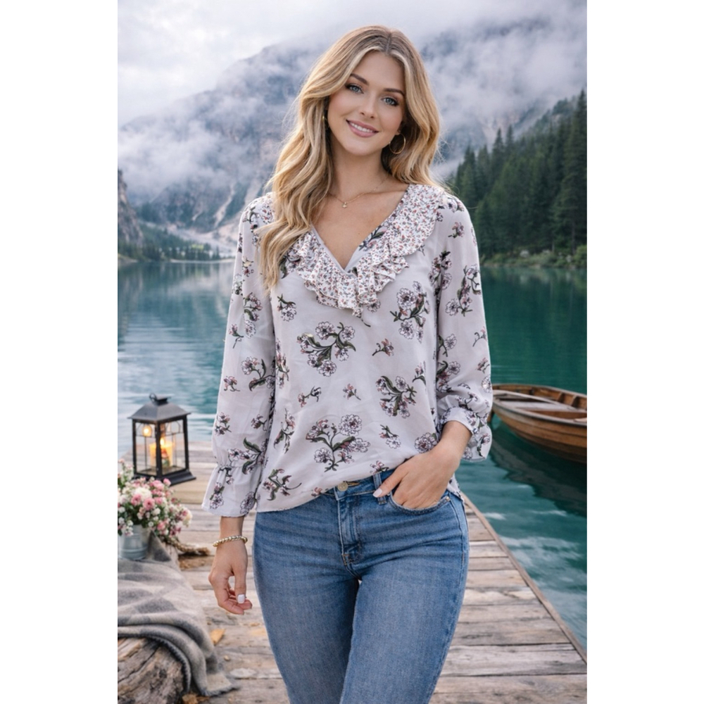 Women's LOFT Outlet Light Gray Floral Blouse S